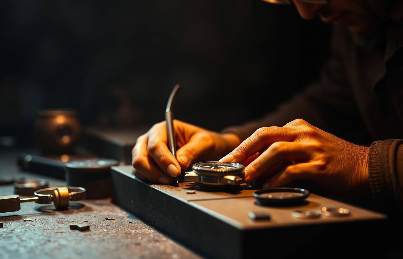 A watchmaker finishing a movement by hand at the workbench